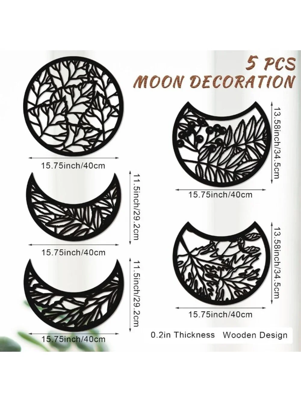 5 Pcs Moon Phase Wall Art Decor - Boho Lunar Aesthetic Wooden Hanging Decor
